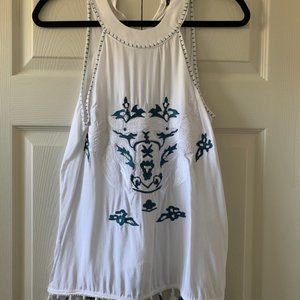 Blue rain high neck embroidered tank top